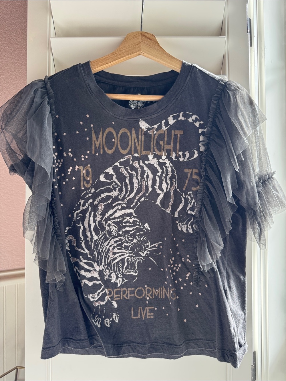 Pilcro Moonlight Tiger Graphic Tee in Charcoal with Sheer Ruffle Sleeves